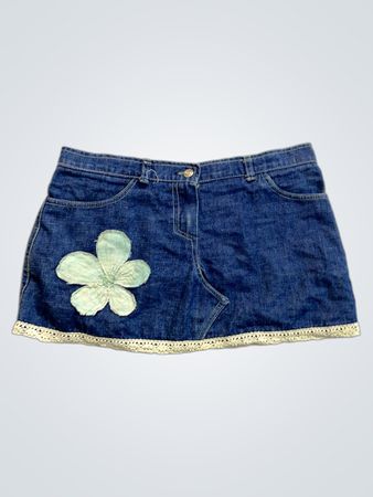 Denim Skirt with Flower Applique and Lace Trim