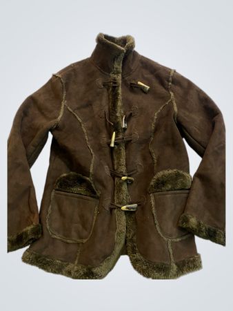 Brown Suede-like Jacket with Faux Fur Trim and Toggle Closures