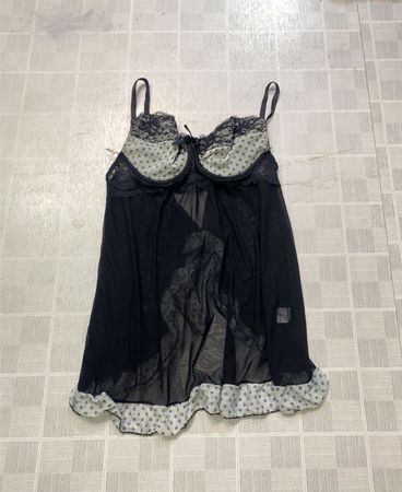Black sheer babydoll with polka dot trim
