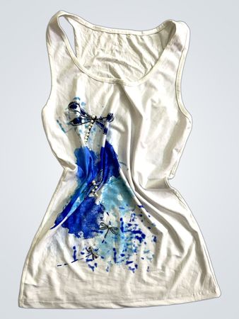 Weißes Tanktop mit blauem abstraktem Druck und Libellen