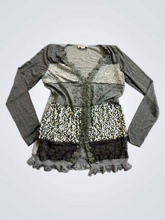 TESINI Women's Gray Sequin Lace Ruffle Cardigan
