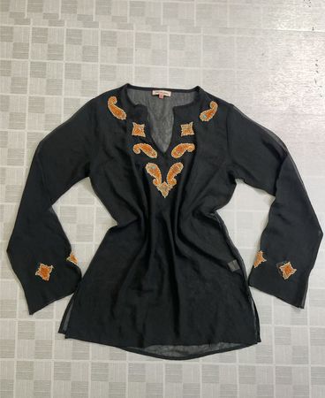 YOUNG GIRL Black Sheer Kaftan Top with Paisley Embellishments