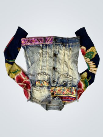 Denim Jacket with Embroidered Floral Sleeves