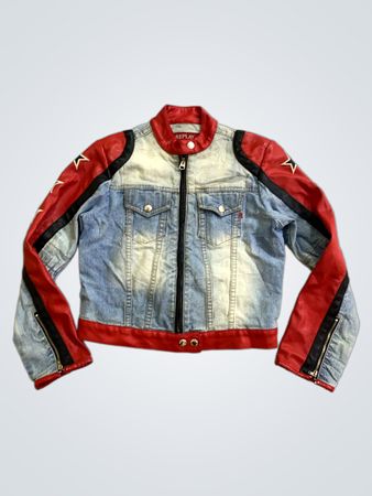 REPLAY Denim and Red Faux Leather Jacket with Stars