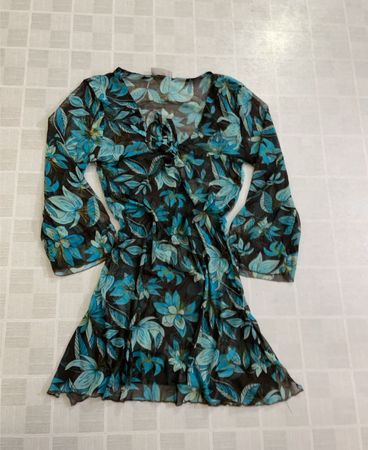 Okay Damen Blau Blumenmuster Durchsichtige Langarmbluse Größe M