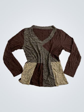 Brown Long Sleeve Top with Mixed Patterns