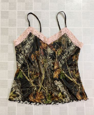 Camo Print Tank Top with Pink Lace Trim