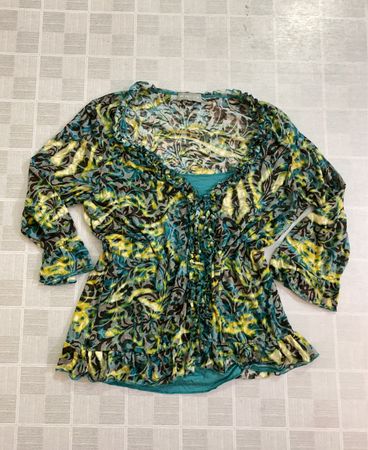 Blouse à volants florale bleue et jaune pour femme Per Una, taille 16