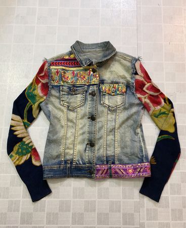 Desigual Denim Jacket with Embroidered Floral Sleeves