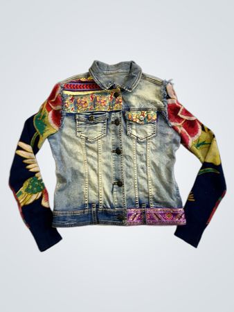 Denim Jacket with Embroidered Floral Sleeves