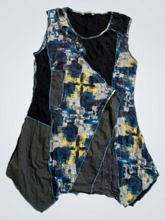 Nor Wiss ärmelloses Tunika-Top mit blau-gelbem abstraktem Print und asymmetrischem Reißverschluss