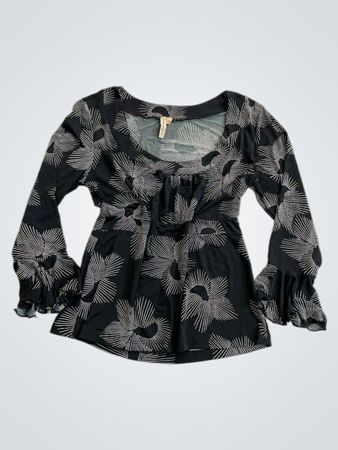 Susan Lawrence schwarze, mit Perlen besetzte, florale Langarmbluse