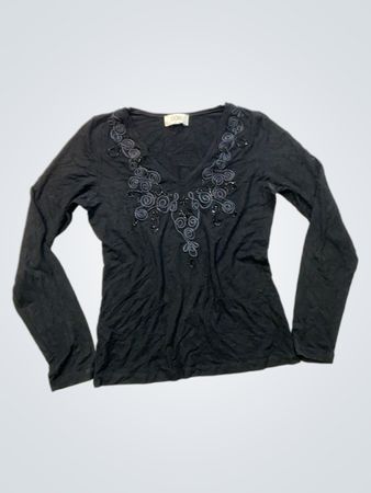 DORI schwarzes, langärmeliges, verziertes V‑Ausschnitt-Top