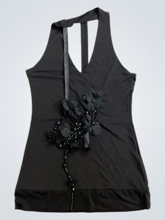 Schwarzes Neckholder-Top mit floralem und mit Perlen verziertem Besatz