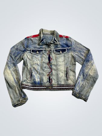 Veste en denim à motif géométrique rouge et blanc