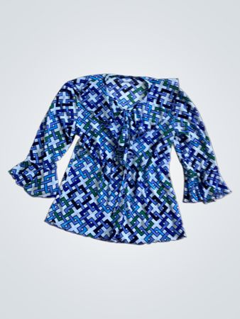 Bluse mit blau-grünem geometrischem Muster