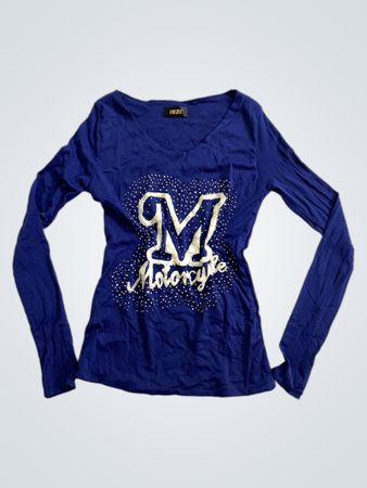 IEZI Damen Blaues Langarm-"M Motorcycle" Grafik-T-Shirt