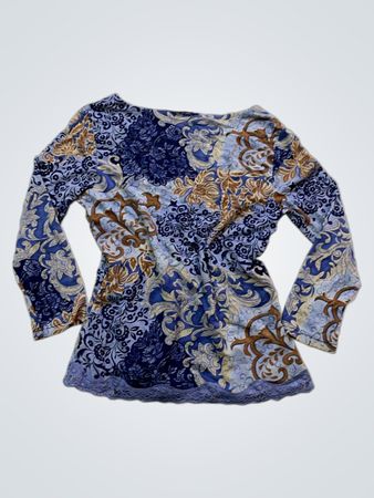 I.N.C International Concepts Blaues Oberteil mit Blumenmuster, Spitzenbesatz und langen Ärmeln