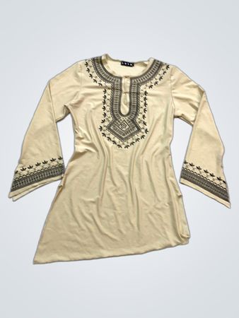 LUISA Beige Kleid mit ausgestellten Ärmeln und Stickerei