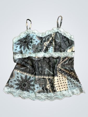 Blaues und graues Paisley-Spitzen-Camisole mit Spitzenbesatz