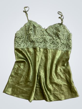 Green Satin Cami with Lace Trim