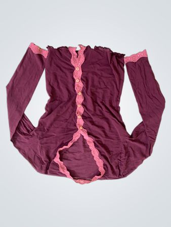 Maroon Long Sleeve Button Up Top with Pink Lace Trim