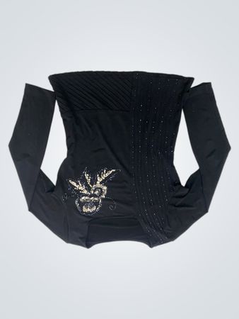Black long-sleeve top with beaded floral embellishment