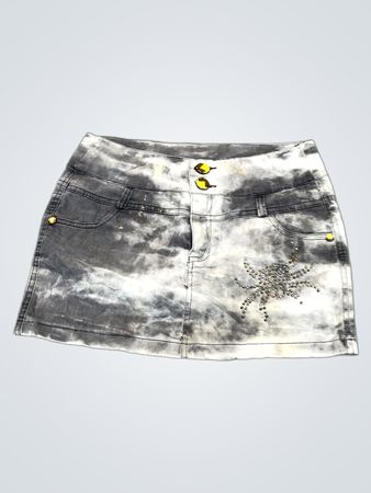 Distressed Denim Mini Skirt with Rhinestone Detail