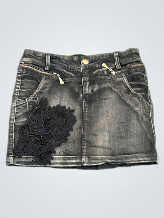 Black Denim Skirt with Floral Embellishment