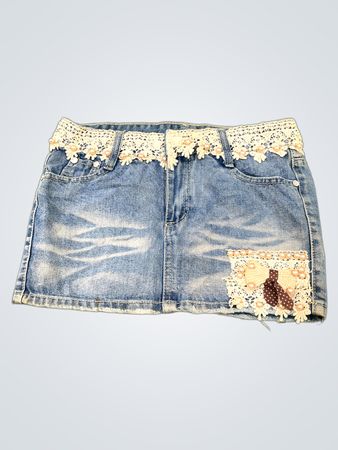 Denim Skirt with Lace and Pearl Embellishments