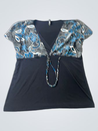 Daniel Laurent Women's Black Blue Floral Print V-Neck Short Sleeve Tie Neck T-Shirt