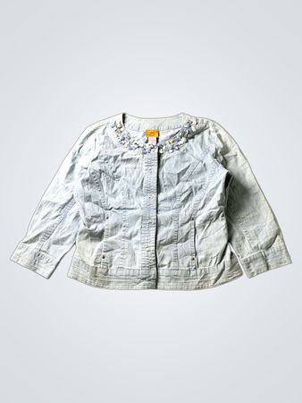 Light Wash Denim Jacket with Embellished Collar and Buckle Detail
