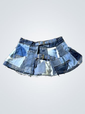 Jeans-Patchwork-Faltenrock mit Schnallendetail