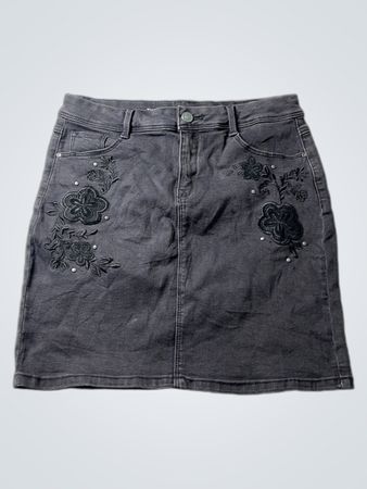 Grey Denim Skirt with Floral Embroidery