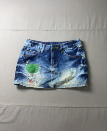 Blue Denim Skirt with Green Button