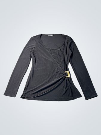 DM Fleurette Schwarzes Langarm-Wickeltop mit goldener Schnallen-Detail