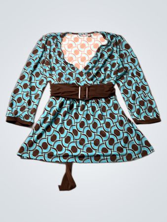 Apt. 9 Stretch Brown und Blau Geometrischer Druck Geknotete Tunika Oberteil