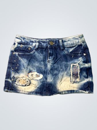 Distressed Denim Mini Skirt with Rhinestones