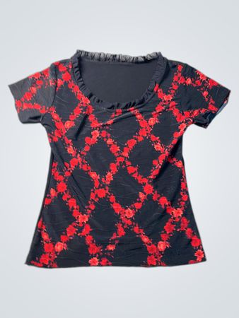 Black and Red Floral Print T-Shirt with Ruffle Neckline