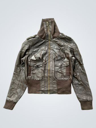 Brown Faux Leather Bomber Jacket with High Neck