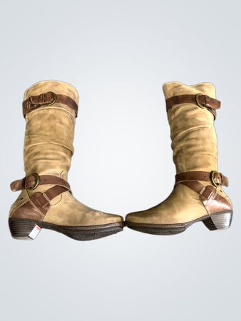 Women's Brown Suede Tall Boots with Buckle Detail