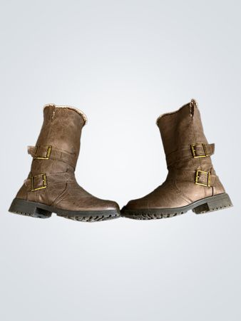 Brown Faux Leather Boots with Buckle Detail