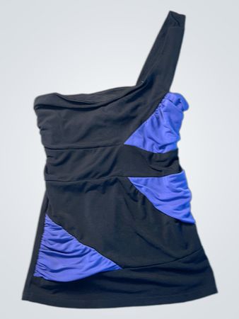 Black and purple one-shoulder ruched dress