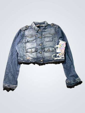 Akdmks Jeansjacke mit Spitzenbesatz und Grafikdruck