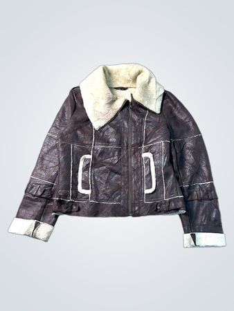 Brown Faux Leather Aviator Jacket with Sherpa Collar and Cuffs