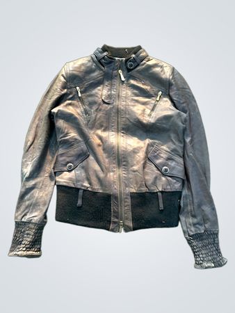 Brown Leather Bomber Jacket with Smocked Cuffs