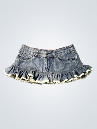 Chico's Platinum Denim Minirock mit Rüsche und Spitzenbesatz