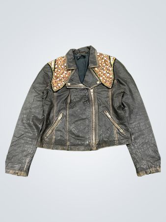 Black Leather Biker Jacket with Embellished Shoulders