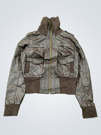 Brown Faux Leather Bomber Jacket