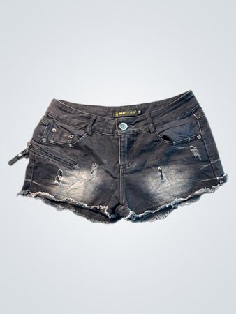 MINGMO Women's Black Distressed Denim Shorts with Zipper Accents and Cross Embroidery